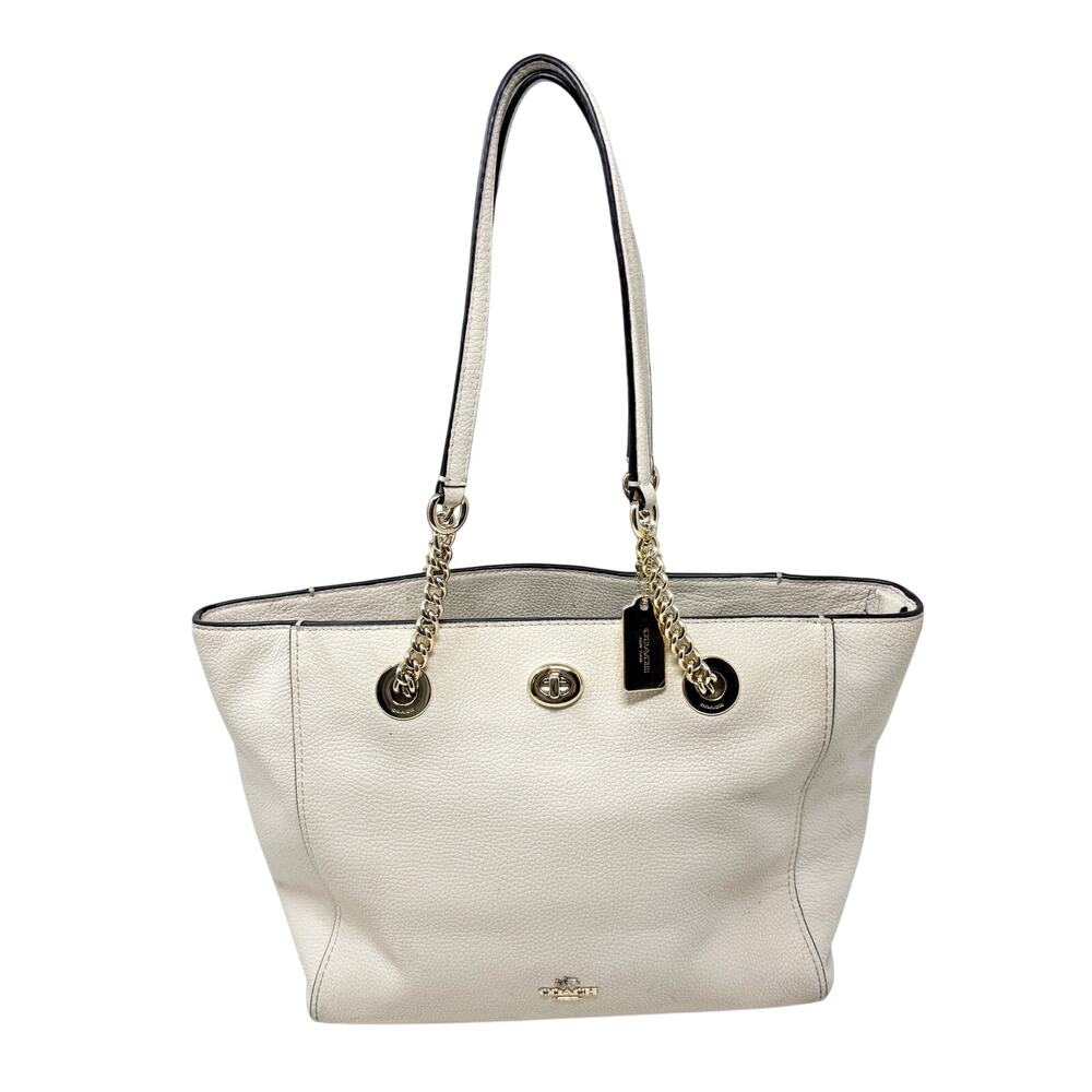 Coach Cream Pebbled Leather Tote Bag VGUC Zip Top Logo Charm Accent